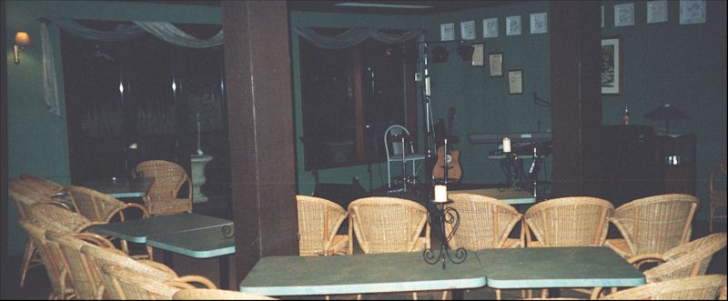 View of stage from rear of dining room in Pemberton live music hall.