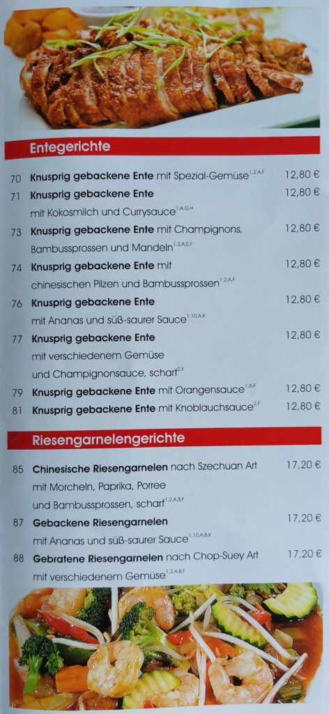 Entegerichte, Riesengarnelengerichte - Chinesische Spezialitaeten - Orchidee China-Restaurant Minden Speisekarte MENU