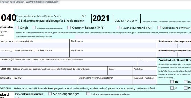 German translation of the IRS Form 1040