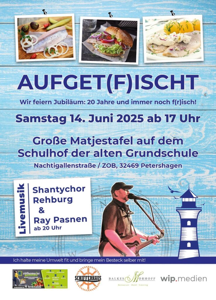 Ich spiele am 14. Juni ab 17:00 Uhr in Petershagen fuer die grosse Matjestafel auf dem Schulhof der alten Grundschule.   Nachtigallenstrasse/ZOB 32469 Petershagen.  Shantychor Rehburg ist auch dabei.